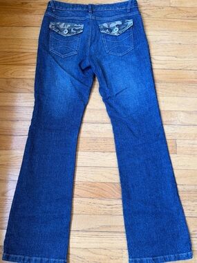 Women's Dark Blue Flare Jeans with Camo Pocket Detail